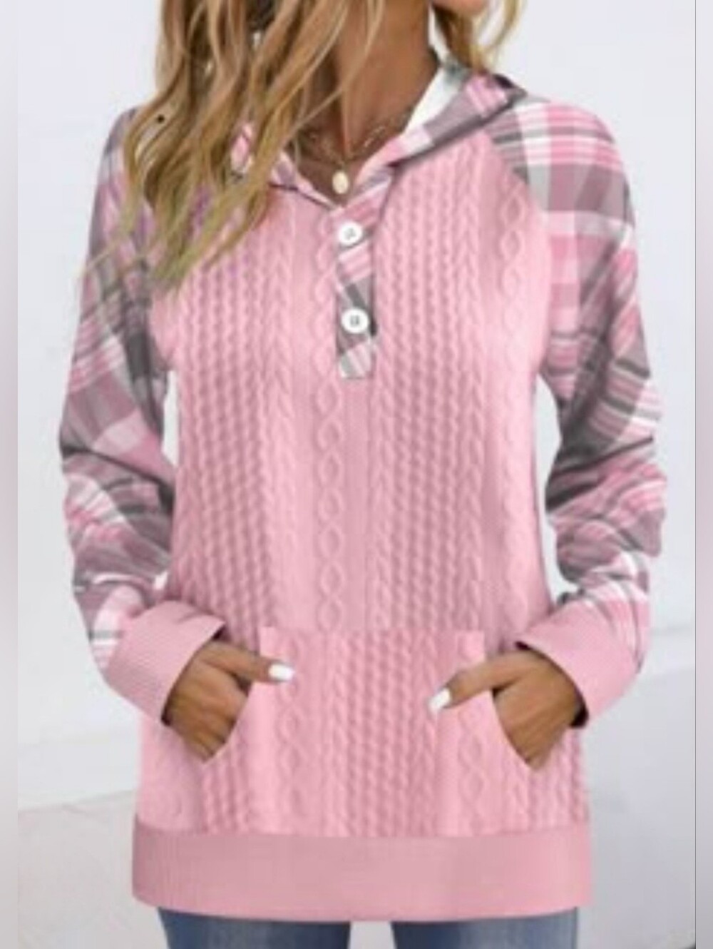 Plaid Button Pink Long Sleeve Women’s Hoodie Size XXL Pullover